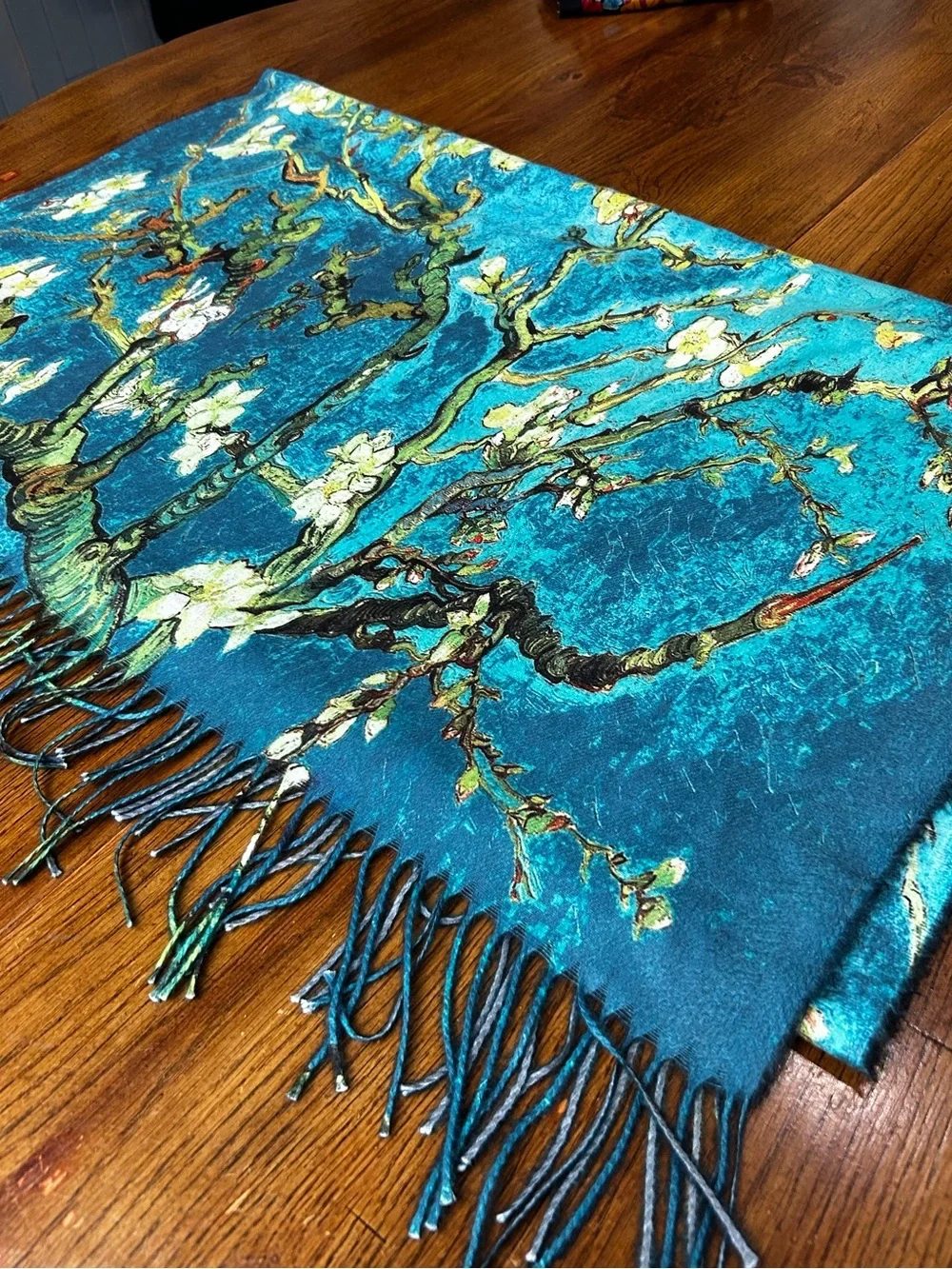 Van Gogh Almond Blossom Art Shawl Wrap Fringe Scarf Blue Floral Wool Blend